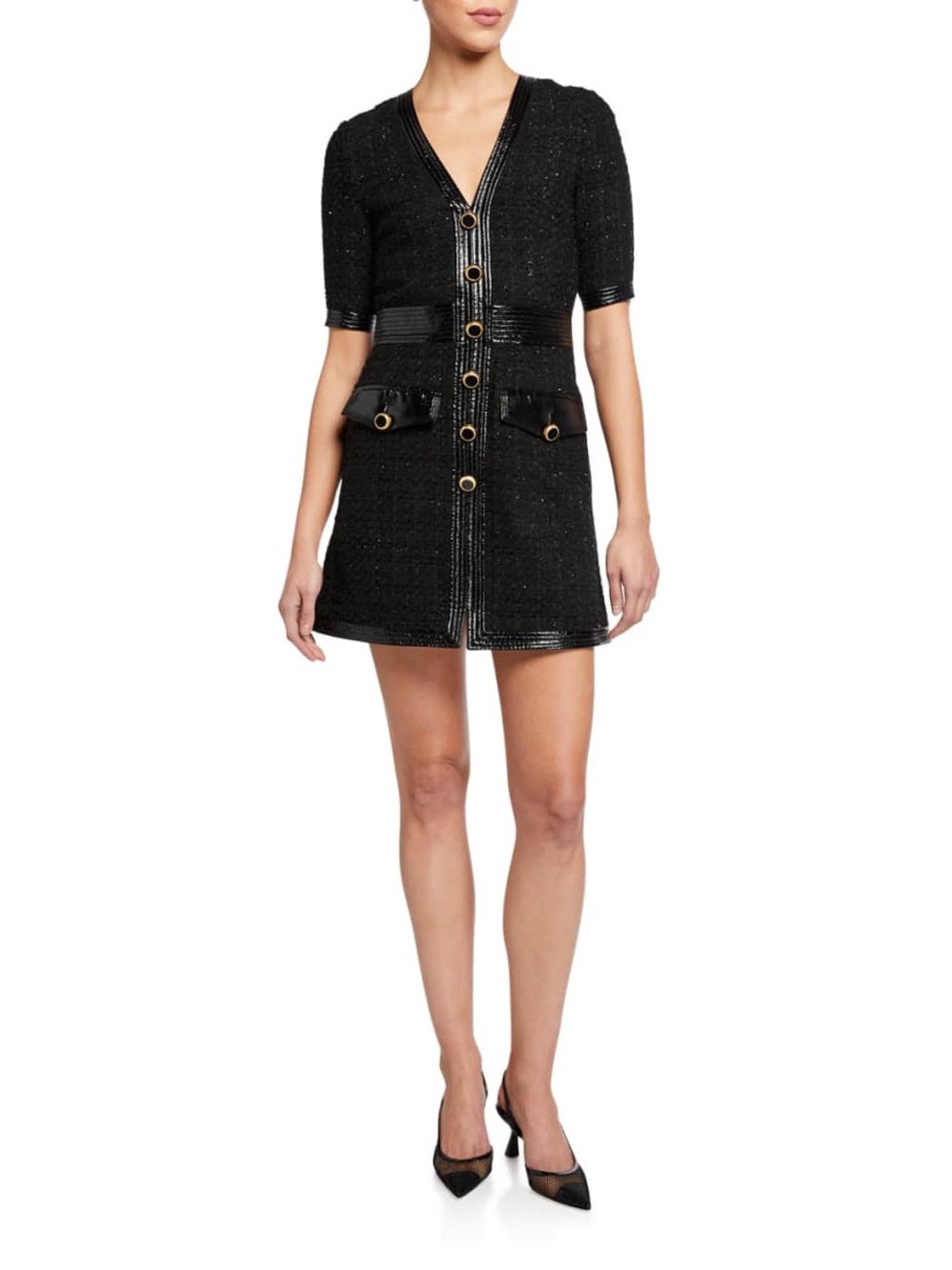 NWT Veronica Beard Black Simona Tweed Button-Front Dress with Metallic Trim, 6